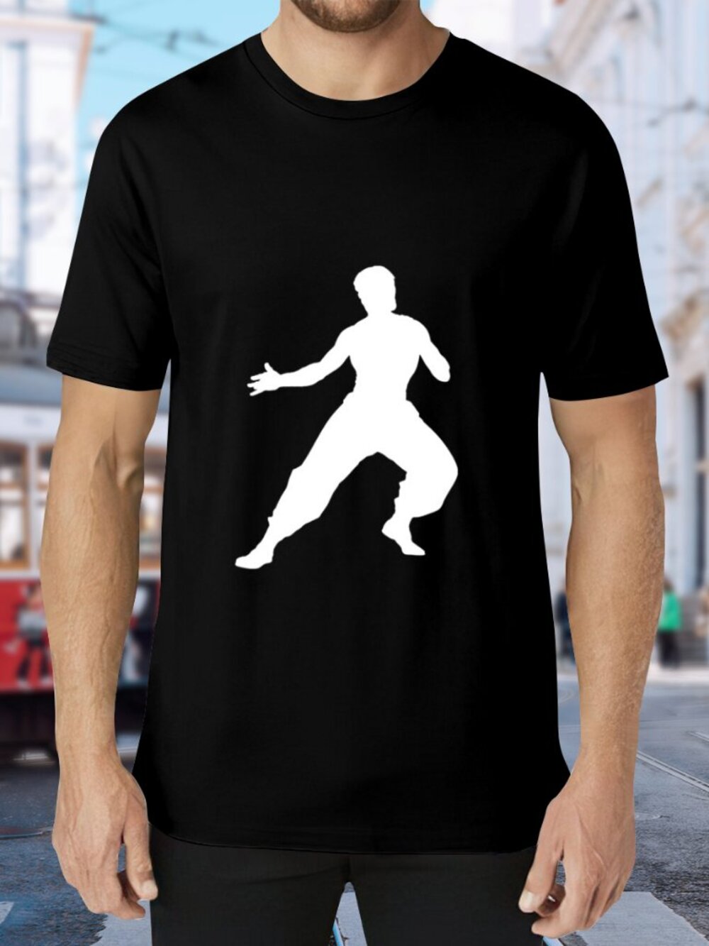 Men's Black Short Sleeve Tee with White Martial Silhouette